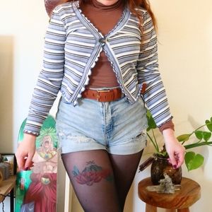 Blue and White Striped Cropped Cardigan